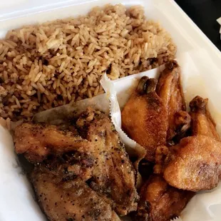 a chicken and rice meal in a styrofoam container