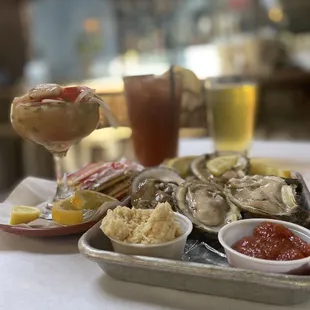 Ceviche, half dozen raw oysters, Bloody Mary and 3 Daughters Key Lime Cider
