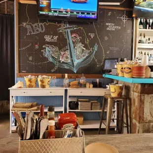a bar with a chalkboard