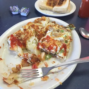 Good size portions. Hash browns are not shredded. They&apos;re sliced and grilled... Very good. I had the veggie egg white omelet.