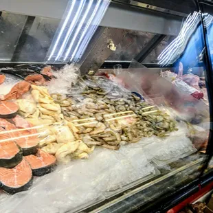 a variety of seafood on display