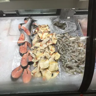 Fresh salmon steaks, conch meat, and shrimp