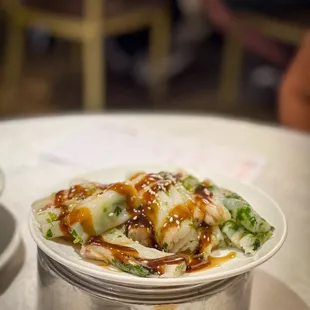pan fried shrimp rice roll with cilantro