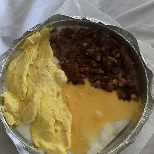 Corned Beef Hash and Eggs and cheese grits