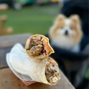 Combo Beef/Lamb + Chicken Shawarma Wrap w/ hummus, tomato, red onions, pickles, tahini, sumac | $16.49
