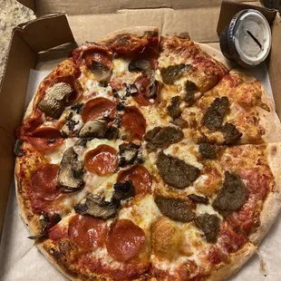 Half meatball half pepperoni and mushrooms with ranch on the side