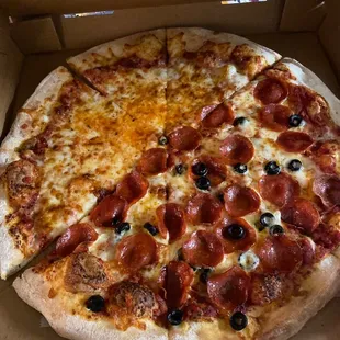 Half cheese and half pepperoni olive pizza
