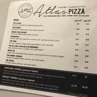 Menu at atlas pizza, westchase, tampa bay