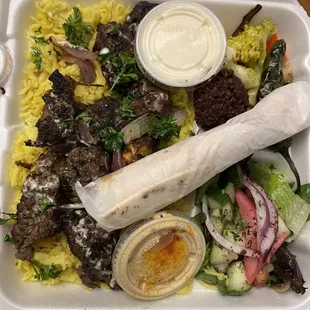 Half Mixed Grill Platter with kofta, chicken, beef, Falafel .
