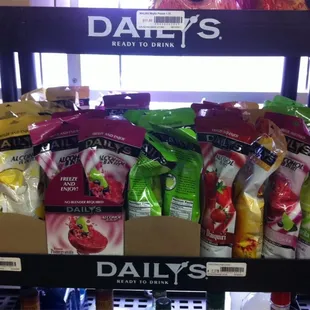 a display of drinks and snacks