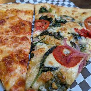 Cheese slice to the right, garlic base veggie slice on the left