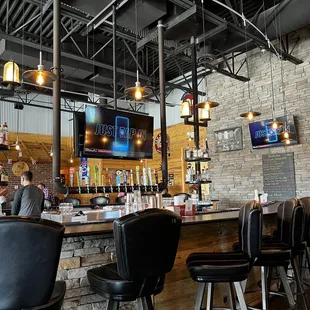 a bar with black chairs