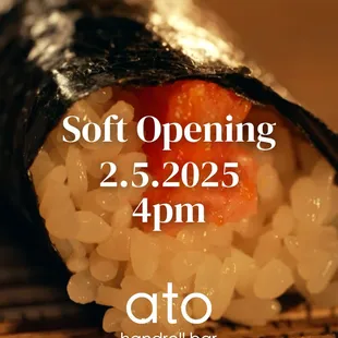 Get ready for an unforgettable experience at Ato Handroll Bar's soft opening on February 5, 2025, at 4 PM!