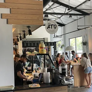 a group of people in a restaurant