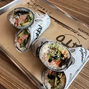 The Kracken Sushi Burrito(left), The Gulf Sushi Burrito(right)