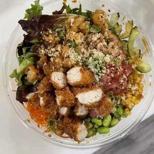 Big poke: tempura shrimp, ahi tuna, Panko chicken