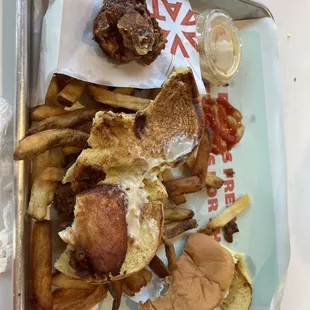 Unbreaded chicken and overcooked chicken