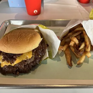 Jam burger with fries.