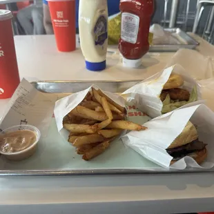 Mushroom Swiss burger and the hot chicken sandwich