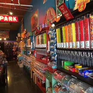 Huge candy bin selection of jelly Belly, candy corn, chocolate rocks, rock candy