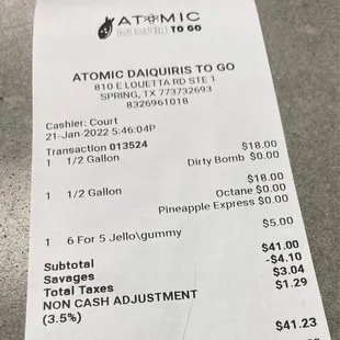 a receipt for atomic daiquiris