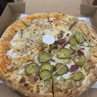 Half pastrami sandwich and half Buffalo chix (hold the onions)