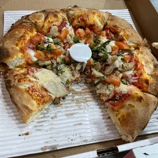 Small Mediterranean pizza. Chicken is tender and juicy. Omg the first bite was heaven. So were the second third and fourth.