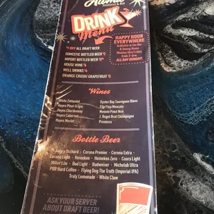 Happy hour drink menu.