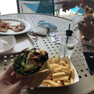 Avocado Chicken Wrap with fries and Pizza