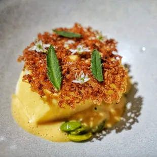 Seabass fava beans monkfish liver and black daepa