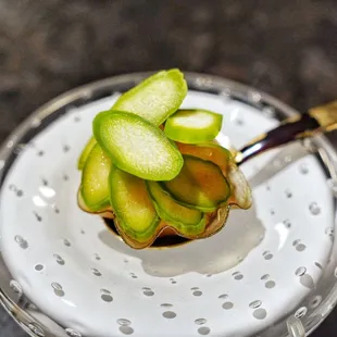 Green asparagus sweet shrimp dashima and bone marrow