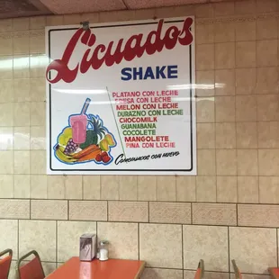 Milkshake menu