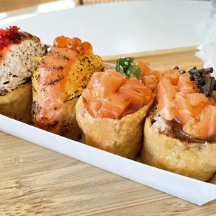 From left to right: Myungran Crab, Fluffy Egg (Myungran), Fresh Salmon, and Cruffle Salmon