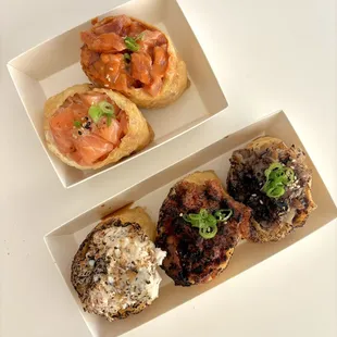 Fresh Salmon, Spicy Tuna, Garlic Butter Crab, Grilled Spicy Pork, and Grilled Bulgogi.