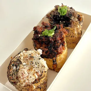 Garlic Butter Crab, Grilled Spicy Pork, and Grilled Bulgogi.