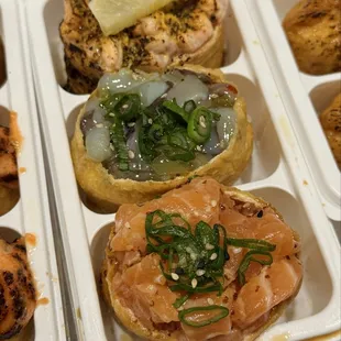 Lemon pepper salmon, tako wasabi, fresh salmon