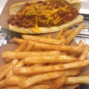 a chili dog and french fries
