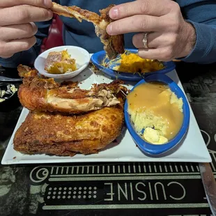 Fried Chicken special with mashed potatoes, m&amp;c and corn bread.