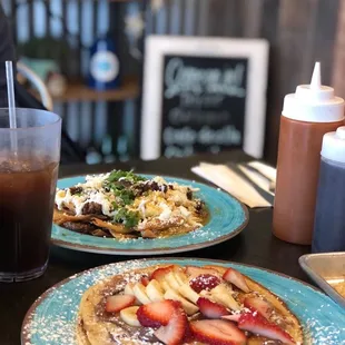 Chilaquiles with steak  and pancakes