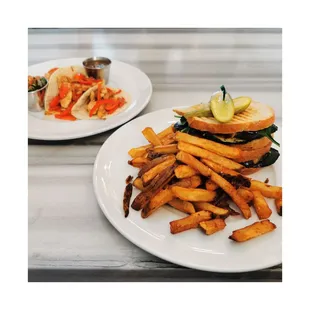 Vegan Grilled Veggie sandwich &amp; fries, chicken tacos