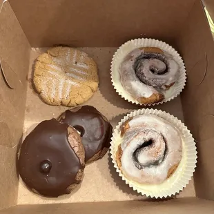 Peanut butter cookie, chocolate mocha cookie, cinnamon roll