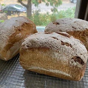 three loafs of bread on a cooling rack
