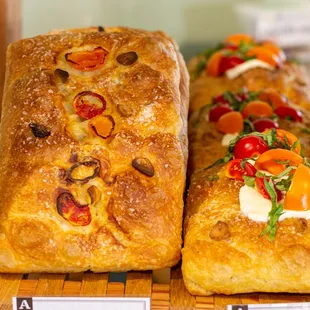 Roasted tomato &amp; garlic focaccia and tomato mozzarella focaccia: freshly baked in-house
