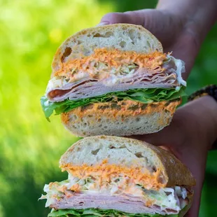Ham &amp; Pimento Sandwich - thinly sliced North Country ham, pimento cheese, horseradish coleslaw, lettuce, and pickled jalapenos.