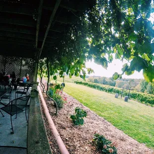 a patio with tables and chairs