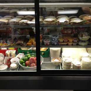 a display case filled with food