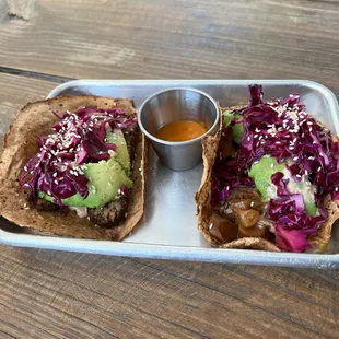 BBQ Tempeh Brisket Taco &amp; Wild Mushroom Taco