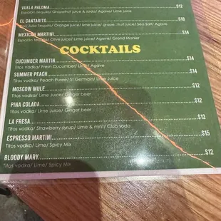 Cocktail menu