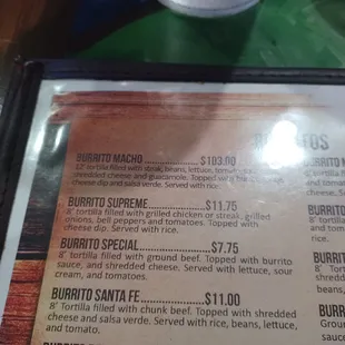 A typo, but I had to ask what justified a $103.00 burrito. It also states feet instead of inches.