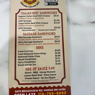 a menu for italian beef sandwiches